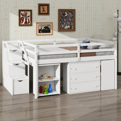 Lit mezzanine double en bois avec bureau coulissant, 3 tiroirs, escalier de rangement et tablettes