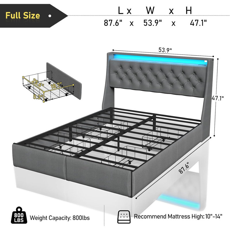 Oneita Bed Frame with Upholstered Headboard and 4 Drawers, Built-in Charging Station and LED Lights, Full