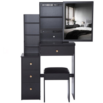29.2" Small Space Left Bedside Cabinet Vanity Table + Cushioned Stool, Extra Large Right Sliding Mirror, Multi Layer High Capacity Storage, Practical Fashionable Dresser, Suitable For Small Space