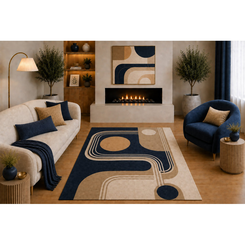 Tapis à motif géométrique abstrait moderne ultra léger 5 pi x 7 pi «Ultra Light» bleu marine, beige, brun clair, gris anthracite