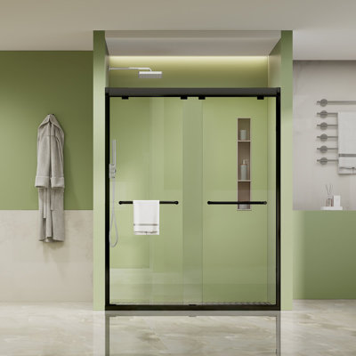 Framed Both Sliding Glass Shower Doors 60" Width X 76"height With 1/4"(6mm) Clear Tempered Glass, Matt Black Finish, Big Rollers, Square Rail, Self-cleaning Coating On Both Sides