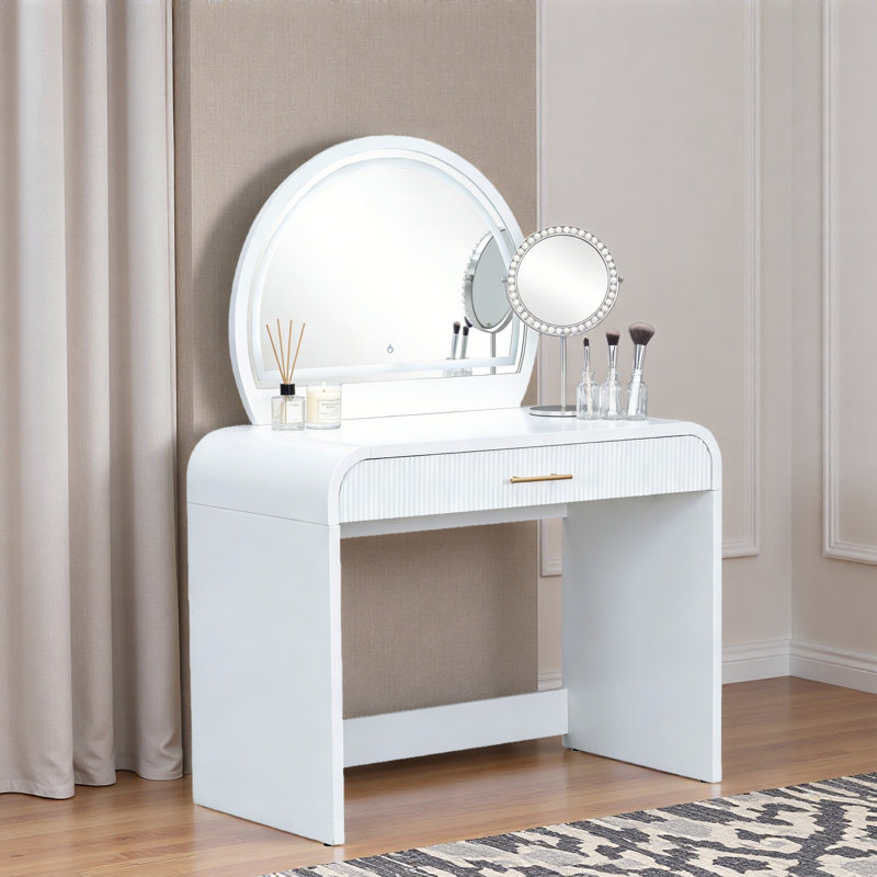 Makeup Vanity Table With Touch Screen Lighted Mirror, Dressing Table With A Drawer And Curved Edges