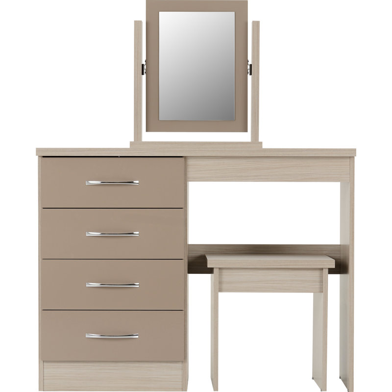 Cascio Dressing Table Set with Mirror, Oyster Gloss/Light Oak Effect Veneer
