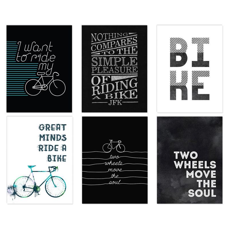 Love Cycling Bicycle Theme Quote Black And White Bike - 6 Piece No Frame Print Set, 29.7cm H x 21cm W x 0.4cm D