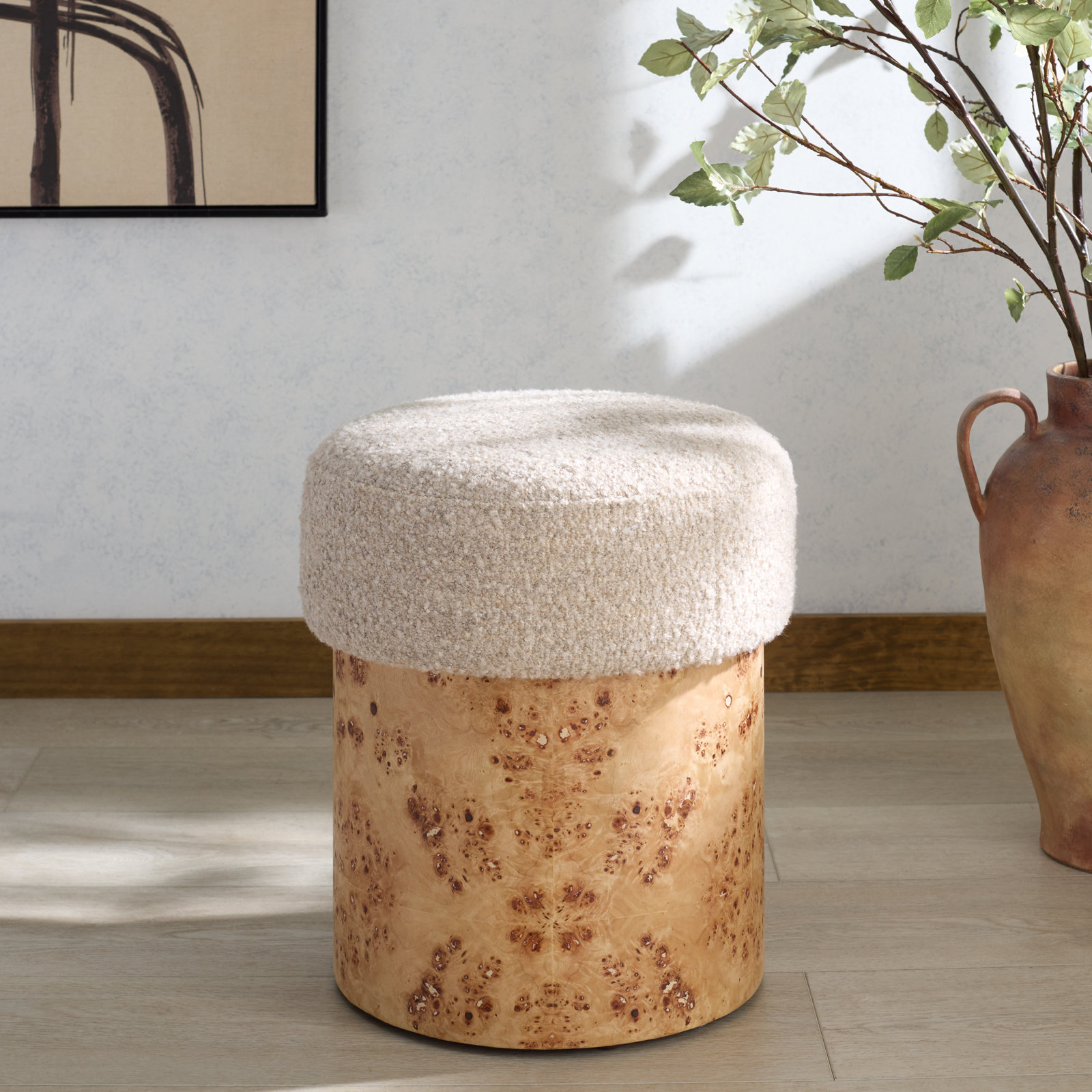 16" Boucle & Burl Ottoman, Light Gray Boucle