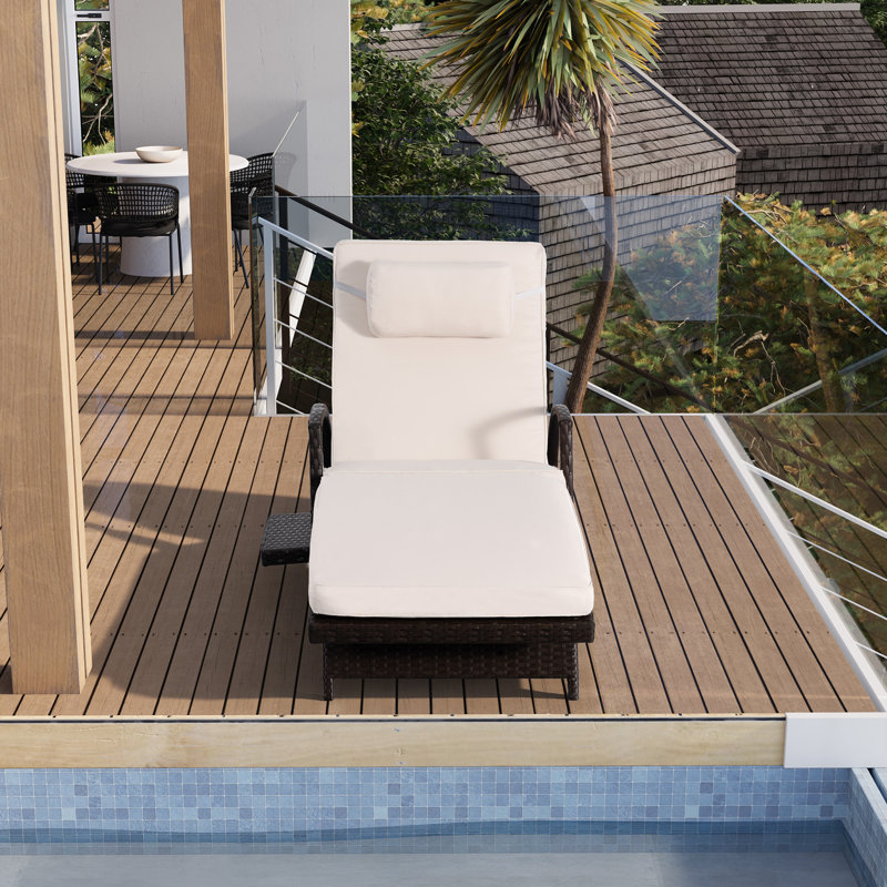2 Piece Outdoor Wicker Chaise Lounge Set Adjustable Pool Lounge Chairs with Cushions and Built-in Side Table, Beige