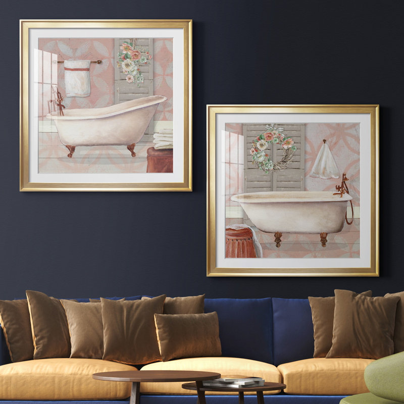 «Blush Bath I», ensemble de 2 reproductions sur toiles tendues, H 34,5 po x l 69 po x P 1,5 po, Papier avec cadre doré, Blanc