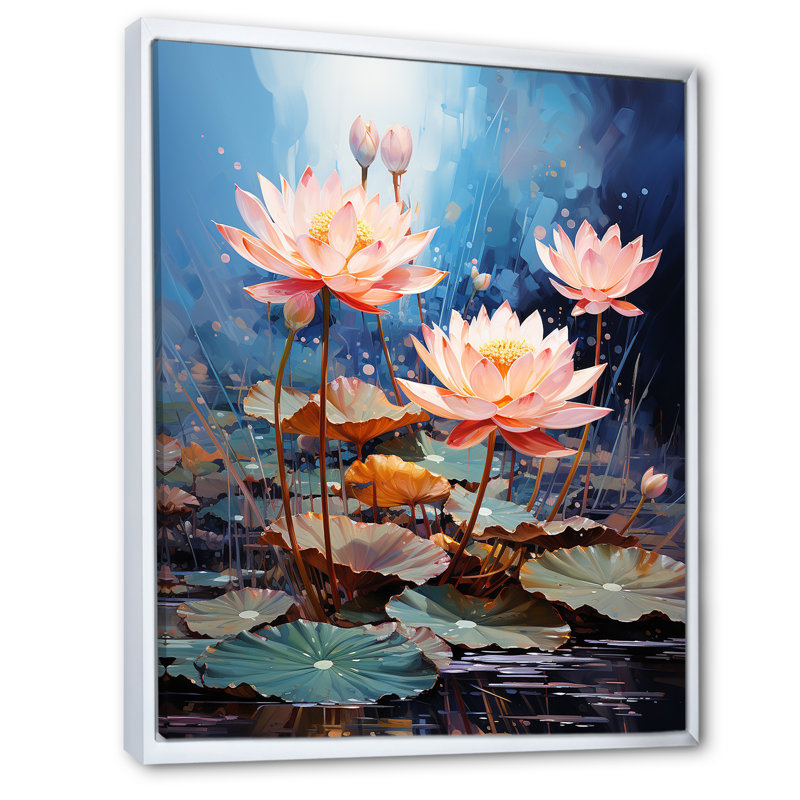 Fleurs de lotus étang harmonie sur toile, Cadre flottant blanc, H 32 po x l 16 po x P 1 po