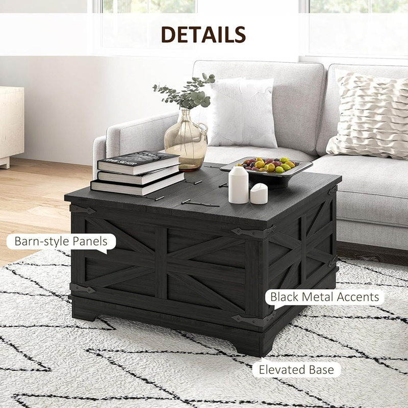 Table basse de style campagnard avec rangement, table centrale avec plateau relevable à charnières et espace caché, table basse carrée pour le salon, noir vieilli
