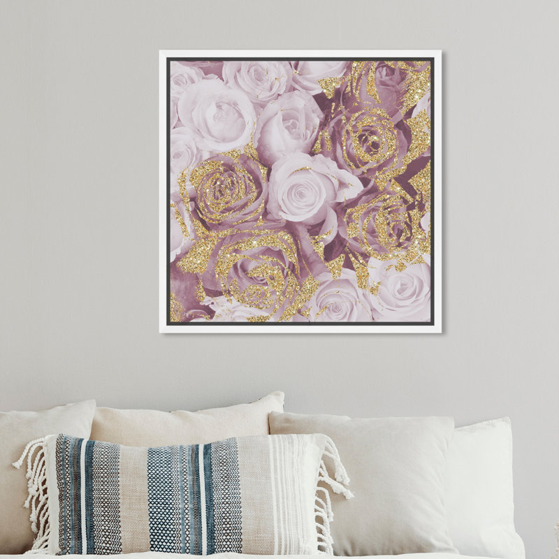 Mauve, paillettes, roses, carrés, fleurs, impression, Toile blanche encadrée, H 12 po x l 12 po