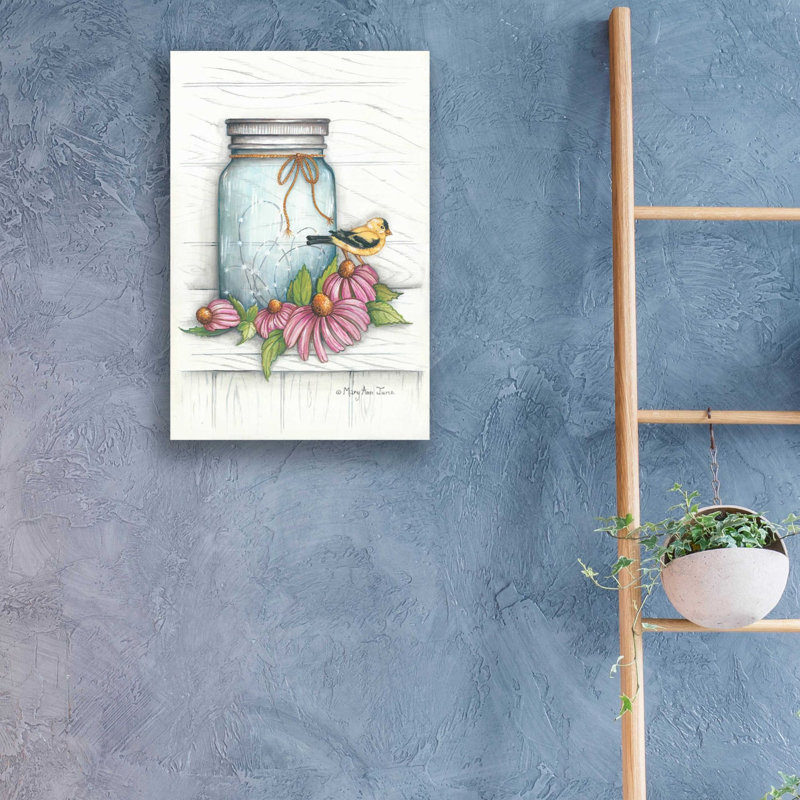 «Chardonneret et fleurs» par Mary Ann June, art mural en verre acrylique, H 24 po x l 16 po