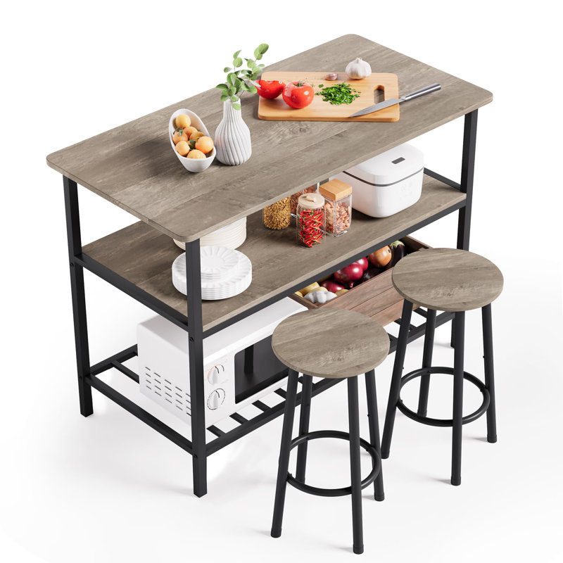 3-Tier Kitchen Island with 2 Stools
