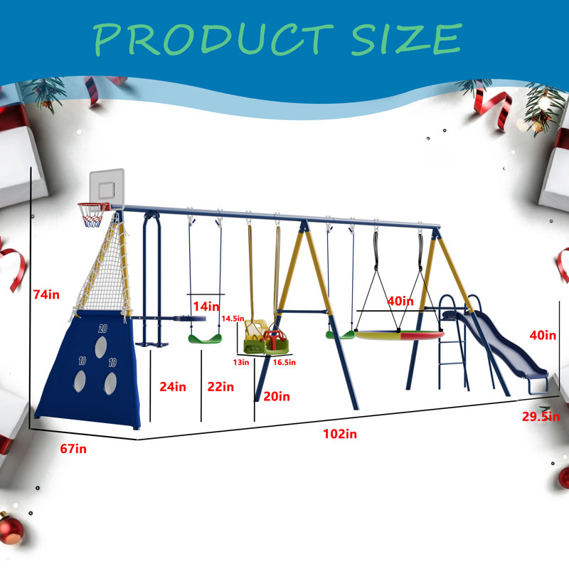 Ensemble de balançoires 8 en 1 pour cour arrière avec glissade pour enfants Ensemble de jeu en métal robuste pour enfants 550lbs