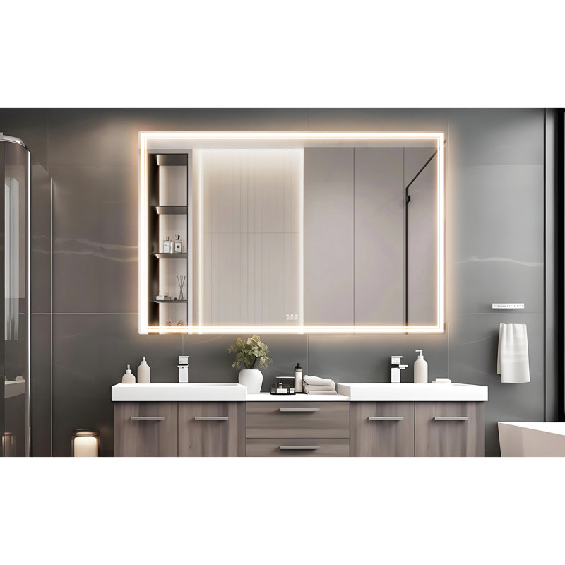 Miroir de salle de bain 60 po x 40 po avec DEL, cadre en aluminium imperméable, contrôle tactile intelligent, fixation murale pour la salle de bain