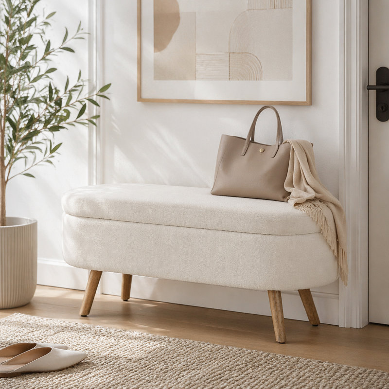 Banc de rangement avec repose-pieds ovale, Ivoire ivoire