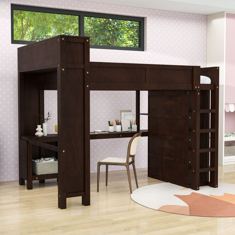 Lit mezzanine en bois avec bureau, garde-robe, charge USB et tablettes de rangement, Brun