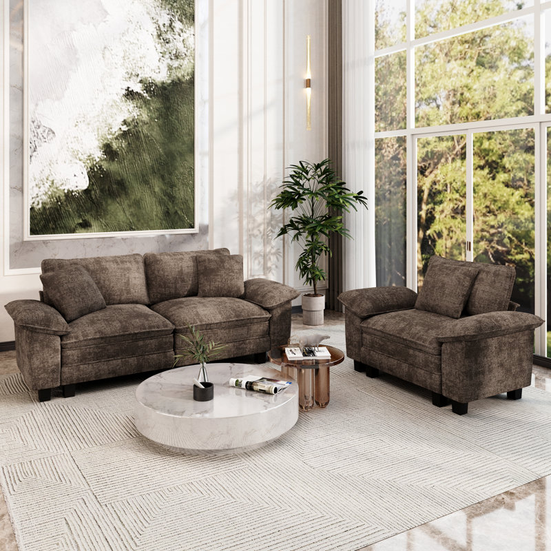 Ensemble de canapé modulaire rembourré 2 pièces, ensemble de canapé surdimensionné avec causeuse et fauteuil, Chenille brun