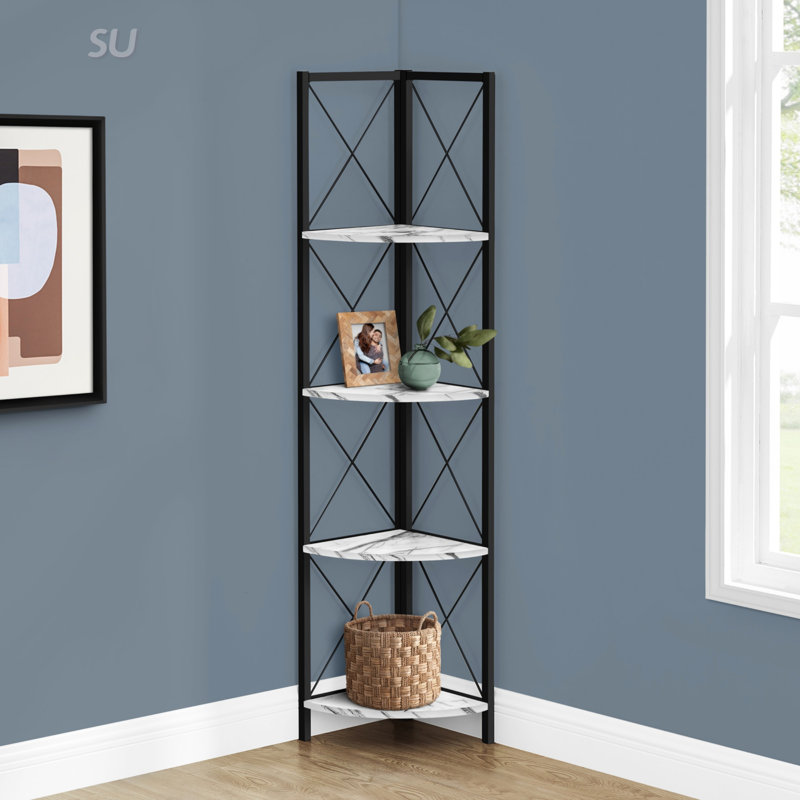 4 Tier Corner Etagere Bookcase With Fan-Shaped Shelves, White Marble-Look Finish, And Stylish X-Design Metal Frame For Modern Spaces