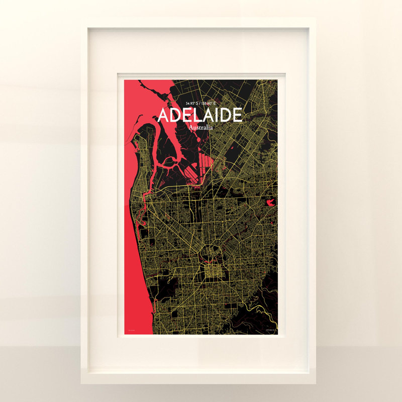 Adelaide City Map, impression, H 17 po x l 11 po, Noir / rouge / jaune