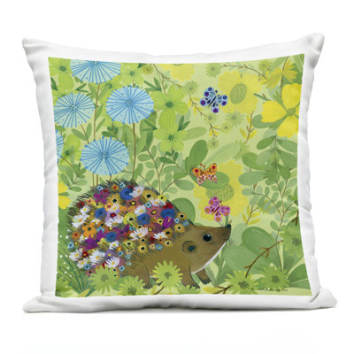Happy Hedgehog & Flowers Design by Kay Widdowson Outdoor Printed Pillow