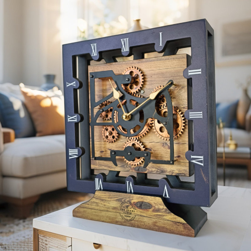 The Gears Clock 10'' Inch Real Moving Gear Desk Clock Square (wall clock) Grey and White, Vintage/Brown