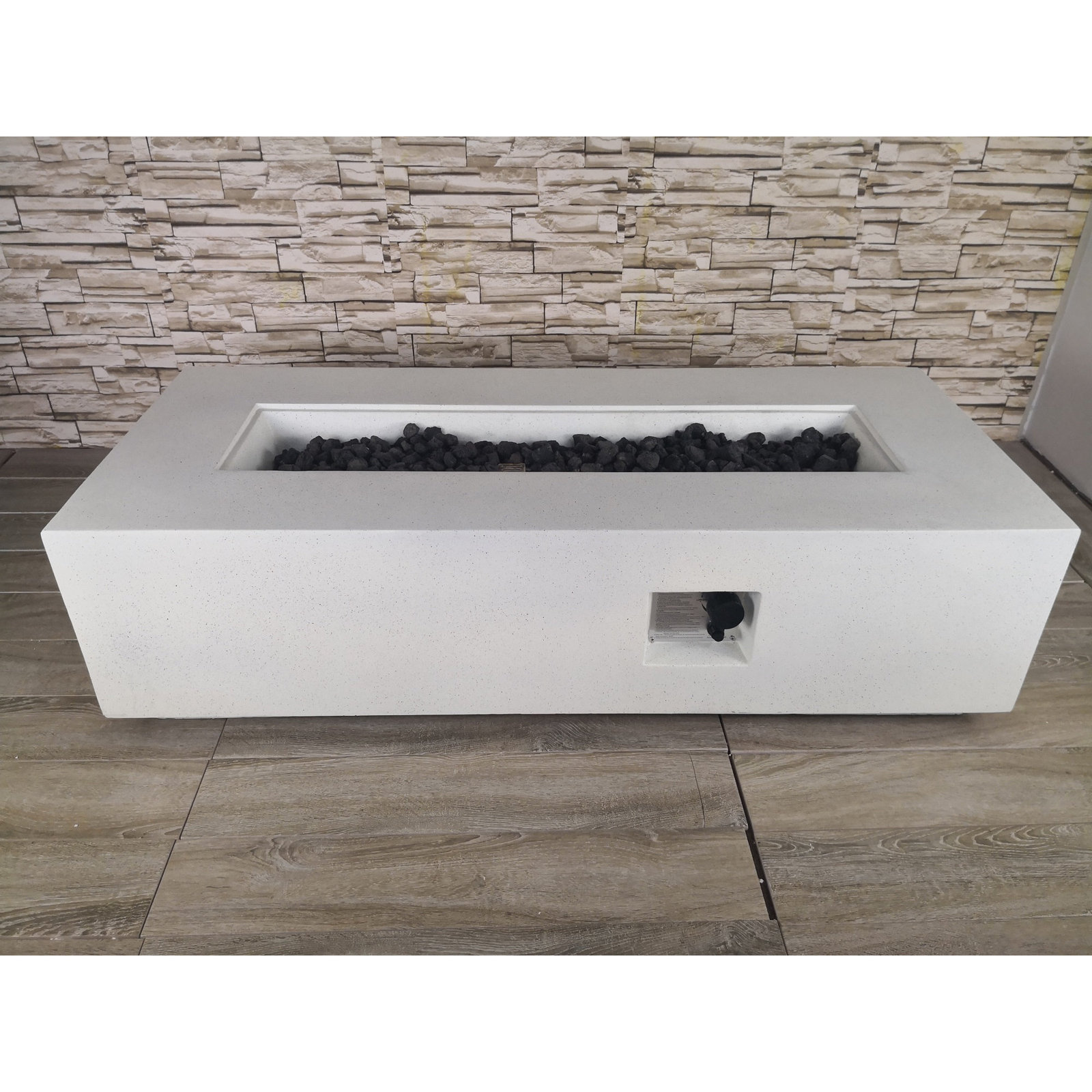 Rashid Concrete Propane Rectangle Outdoor Fire Pit Table, White Stone, 15" H x 48" W x 30" D