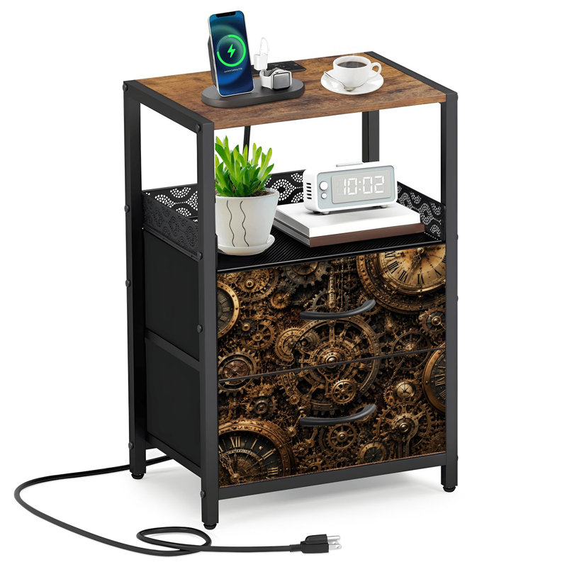 Table de chevet 2 tiroirs en tissu avec station de charge Mécanismes d'horlogerie complexes Steampunk Détails de l'équipement métallique Table de chevet de la chambre Table de bout avec tablette ouverte Ports et prises USB