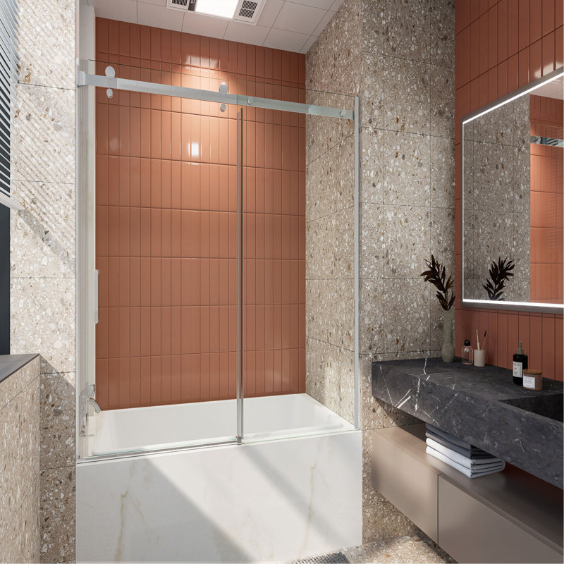 Porte de baignoire coulissante semi-sans cadre L 56 à 60 po x H 58 po en chrome avec verre transparent de 5/16 po (8 mm)