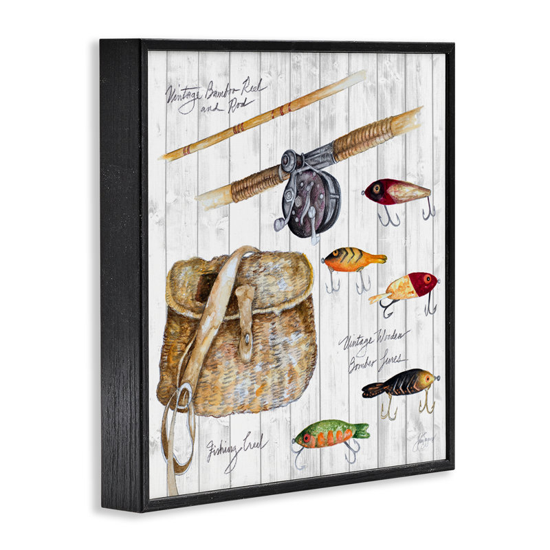 Fishing Tackle Box Framed Giclee Art by Janice Gaynor, 12" H x 12" W, Midnight Black Framed Giclee