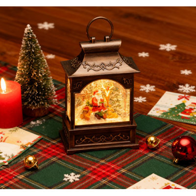 Lanterne boule de neige musicale bronze bronze | Scène de père Noël et renne avec lumières scintillantes (H 9,8 po) à DEL