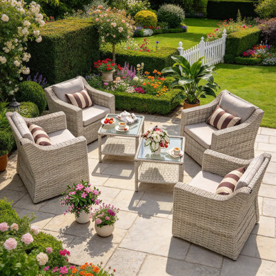 Outdoor Patio Furniture Set, 6 Piece Patio Conversation Set Outdoor Furniture Set, 4 Rattan Lounge Chair With 2 Coffee Table & Cushions For Garden, Patio, Balcony, Deck(Brown/Grey)
