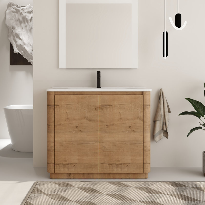 Addisin 40'' Free-standing Single Bathroom Vanity Set with Ceramic Vanity Top, 40", Imitative Oak