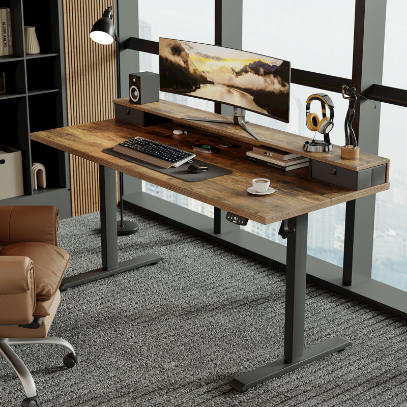 Electric Standing Desk With Drawers,Home Office Height Adjustable  Desk with Large Monitor Shelf, BlackRustic Brown