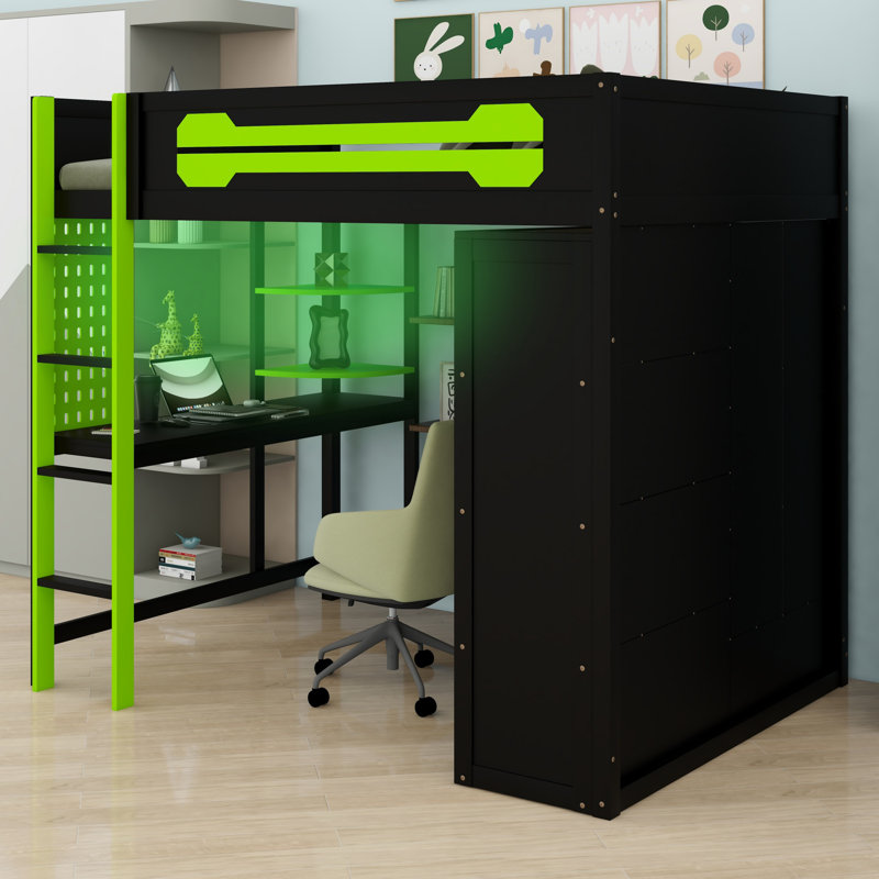 Lit mezzanine avec bureau intégré, armoire ouverte, Vert