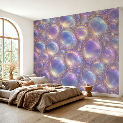 Papier peint adhésif peler et coller Oyster Pearl bullé iridescent autocollant holographique coloré, papier contact amovible, décoration murale pour le salon Chambre à coucher H 69 po x l 96 po