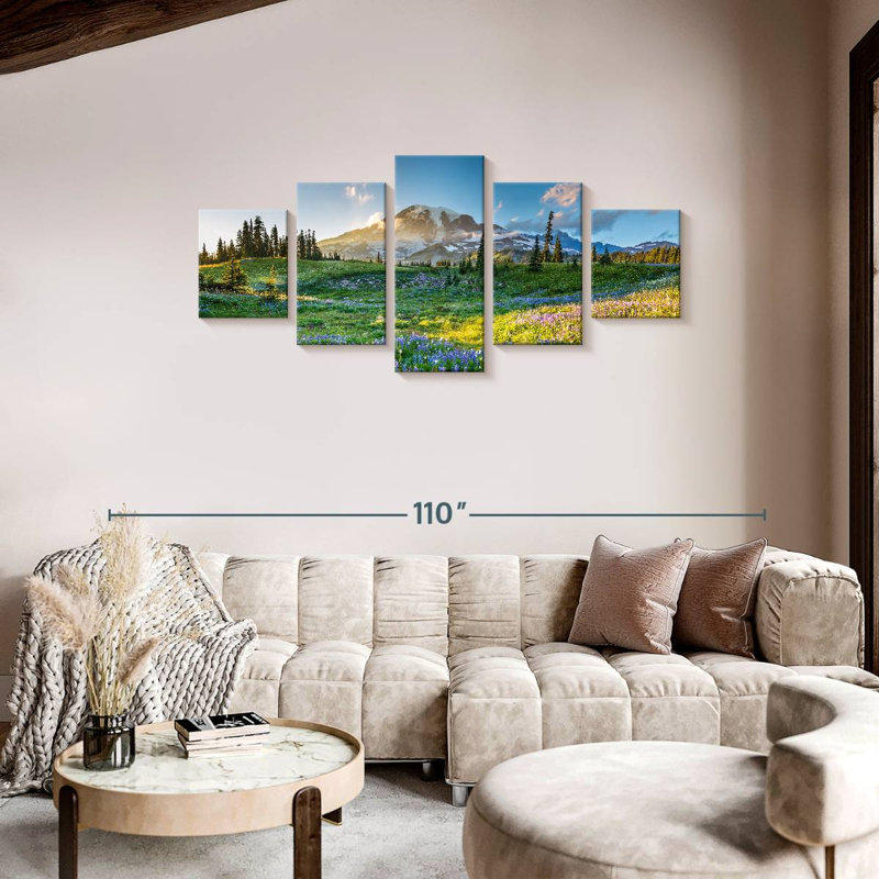 Mont Rainier printemps au Mont Rainier 5 pièces, H 36 po x l 80 po x P 1,25 po