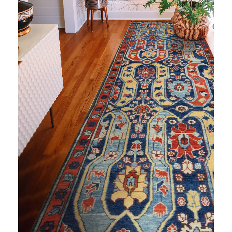 Hand-Knotted High-Quality Navy, Blue, and Red Runner