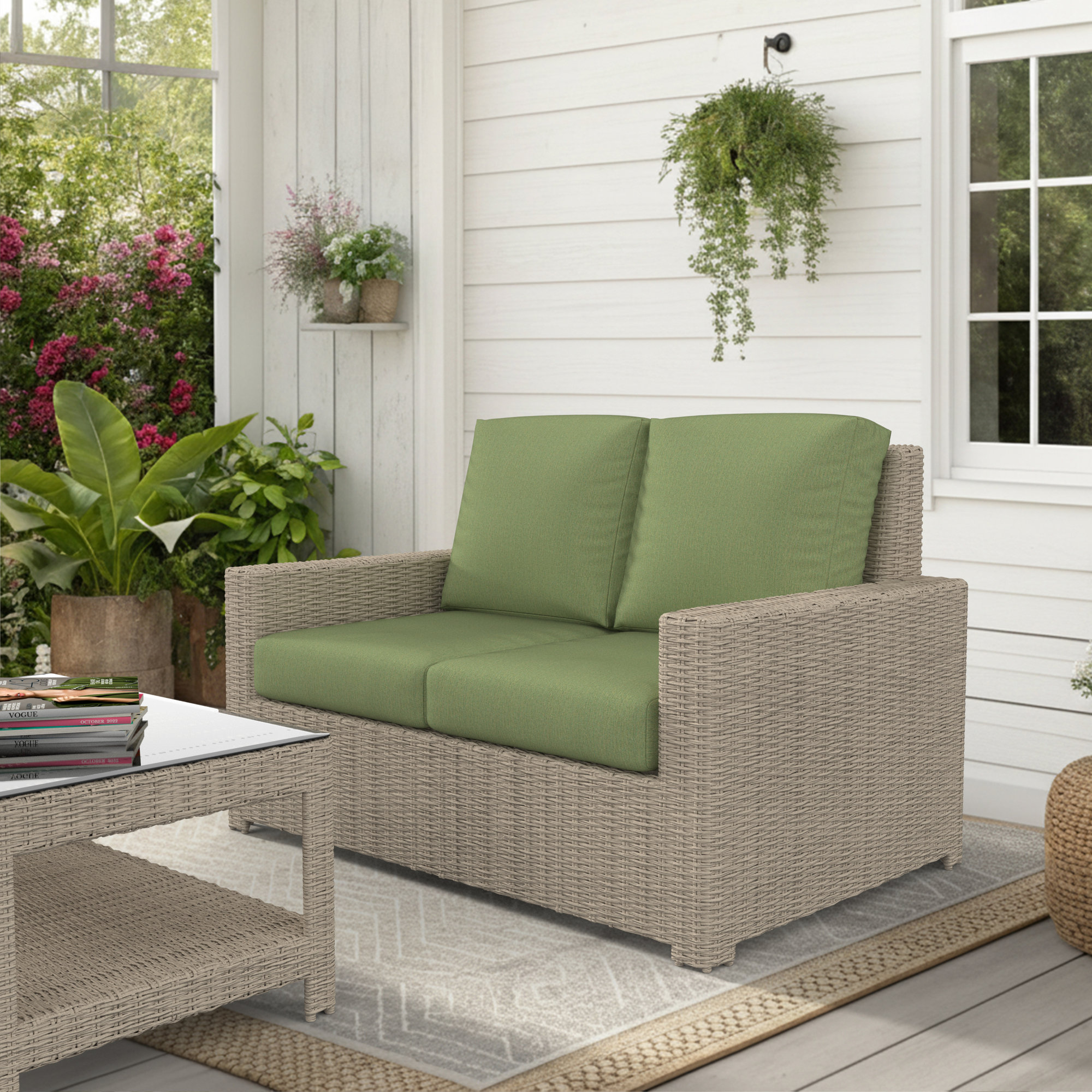 Outdoor Loveseat With Sunbrella Cushions, Canvas Fern