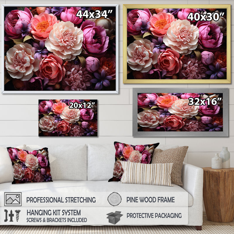 Art asiatique, pivoines en rose IV - Art mural encadré, art asiatique, Encadrement argenté, 30" H x 40" W