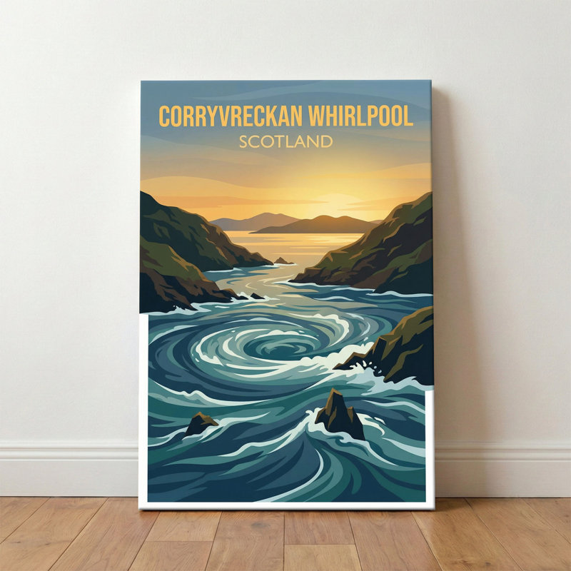 Corryvreckan Whirlpool, Scotland - Romantic Travel Poster of Wild Atlantic Swirls. Giclee Print on Wrapped Canvas. Wall Art, Home Decor - Natural Landmarks, Scotland 1 Piece Wrapped Canvas Wall Art