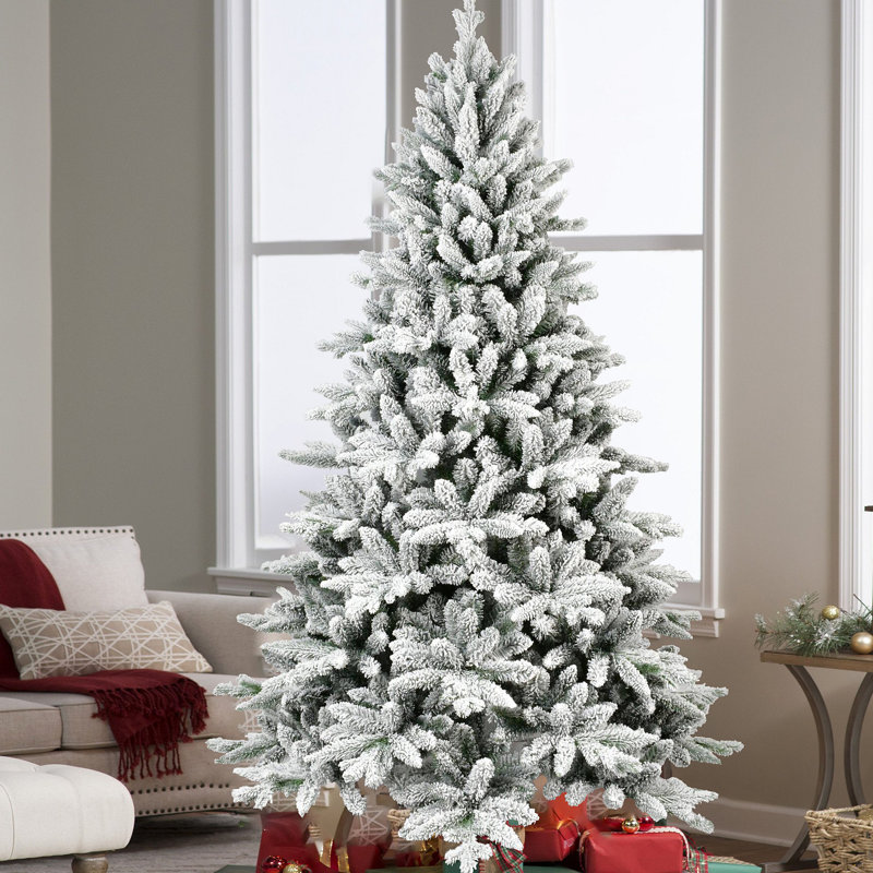 Arbre de Noël enneigé 7 pi avec 1514 pointes, arbre à charnières enneigé réaliste PE + PVC avec support en métal, arbre de Noël artificiel complet pour la décoration des Fêtes
