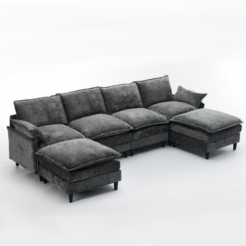 Canapé modulaire, ensemble de canapé en U en forme de nuage, 6 places, 2 coussins d'accoudoirs, canapé modulaire convertible, salon, appartement, chenille (2 repose-pieds mobiles)
