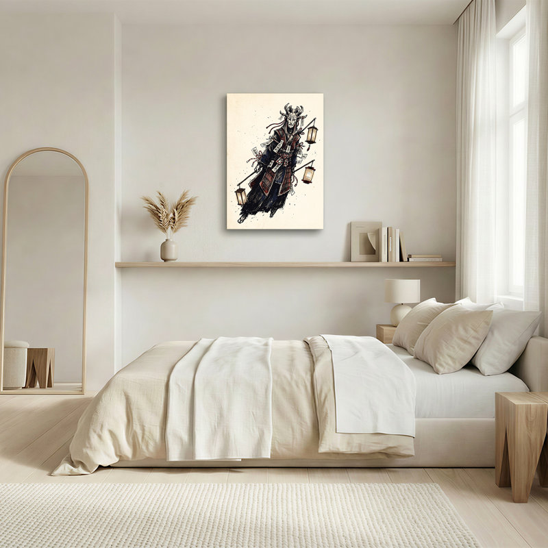 Art japonais sur toile, masque japonais démon avec lanternes et talisme, 24"H x 16"W