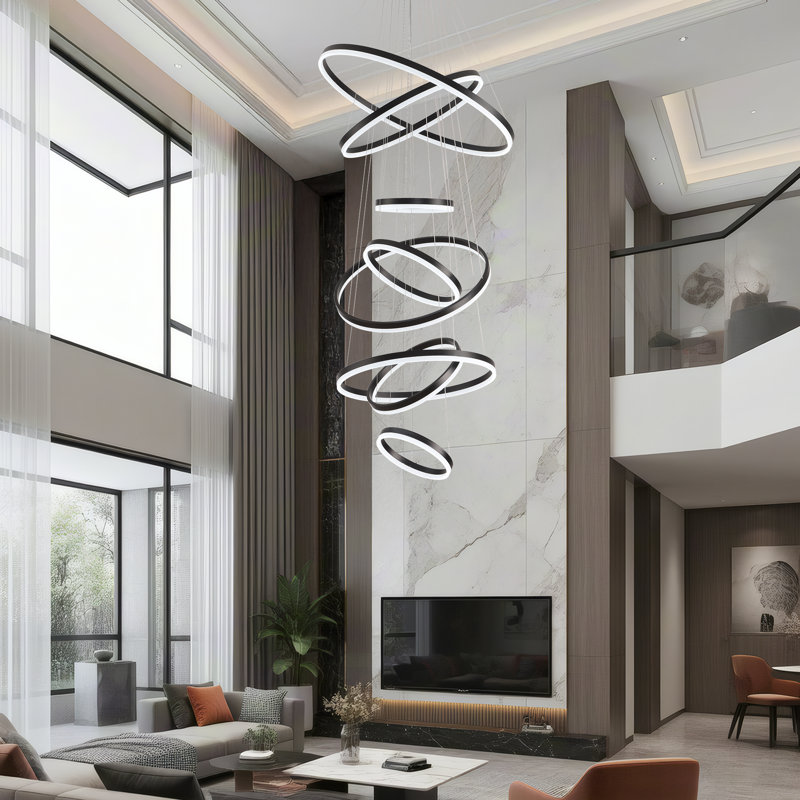 8-Rings Modern Led Chandelier Black Contemporary Dimmable Ceiling Pendant Light With Remote Control, Foyer High Ceiling Chandelier For Staircase Living Room Entryway