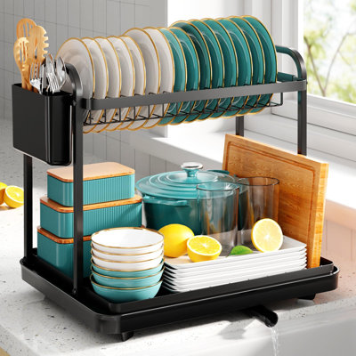 2-Tier Dish Drying Rack - Stainless Steel Dish Rack with Cutlery & Utensil Holders for Kitchen Counter, Sink Organization and Storage for Small Family, 15" W x 11.4" L x 15" H, Black