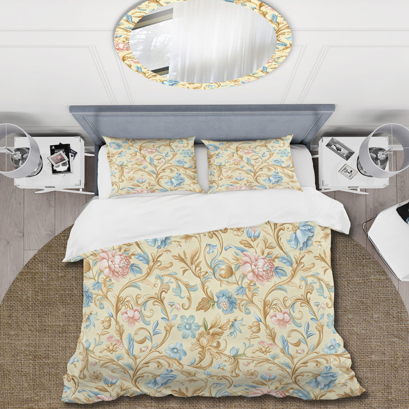 Ensemble de housse de couette à motif floral bleu beige et rétro Vintage Paradise II