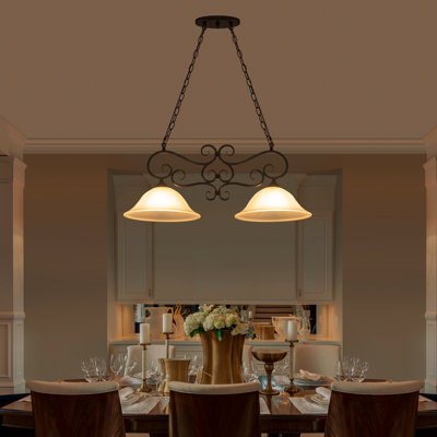 Lustre linéaire à 2 lumières pour îlot de cuisine avec abat-jours en verre délavé à l'acide en noir mat - Chaîne réglable 78,74 po - Design rétro à volutes - Homologué ETL