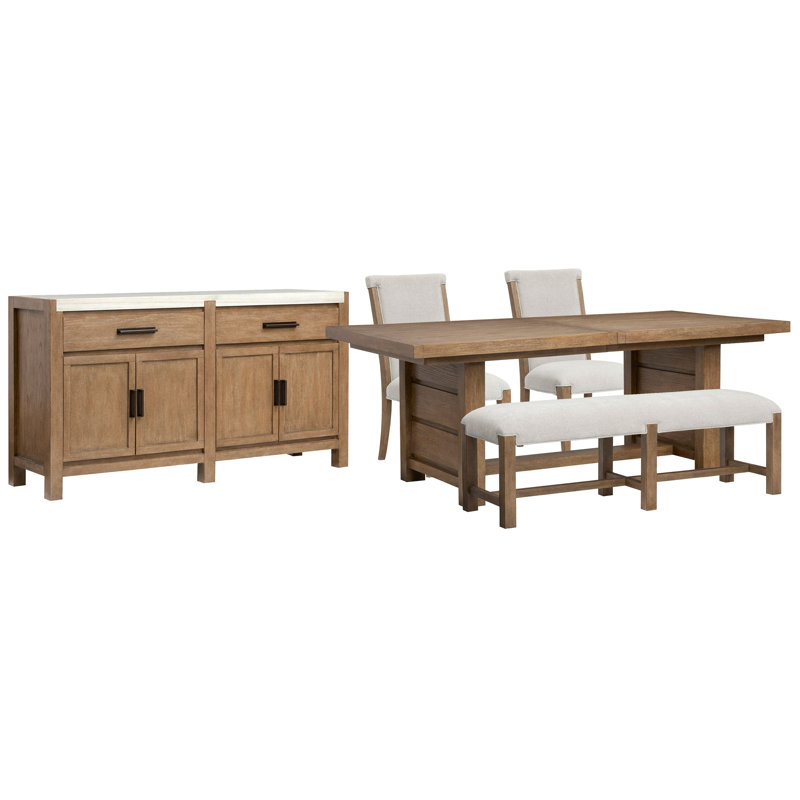 Extendable Trestle Dining Table With 2 Upholstered Side Chairs Bench And Server, 5 Pieces: Table, 2 Chairs, Bench, Server