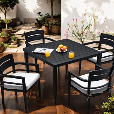 Ember Black Outdoor Dining , 5 With 40" Square Table & 4 Lightweight Chairs - Umbrella Hole Cushions