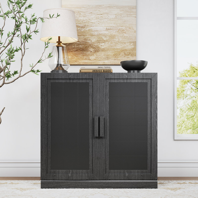 Caleb Solid Wood Accent Cabinet With Rattan Doors, Black, 31" H x 31" W x 16" D